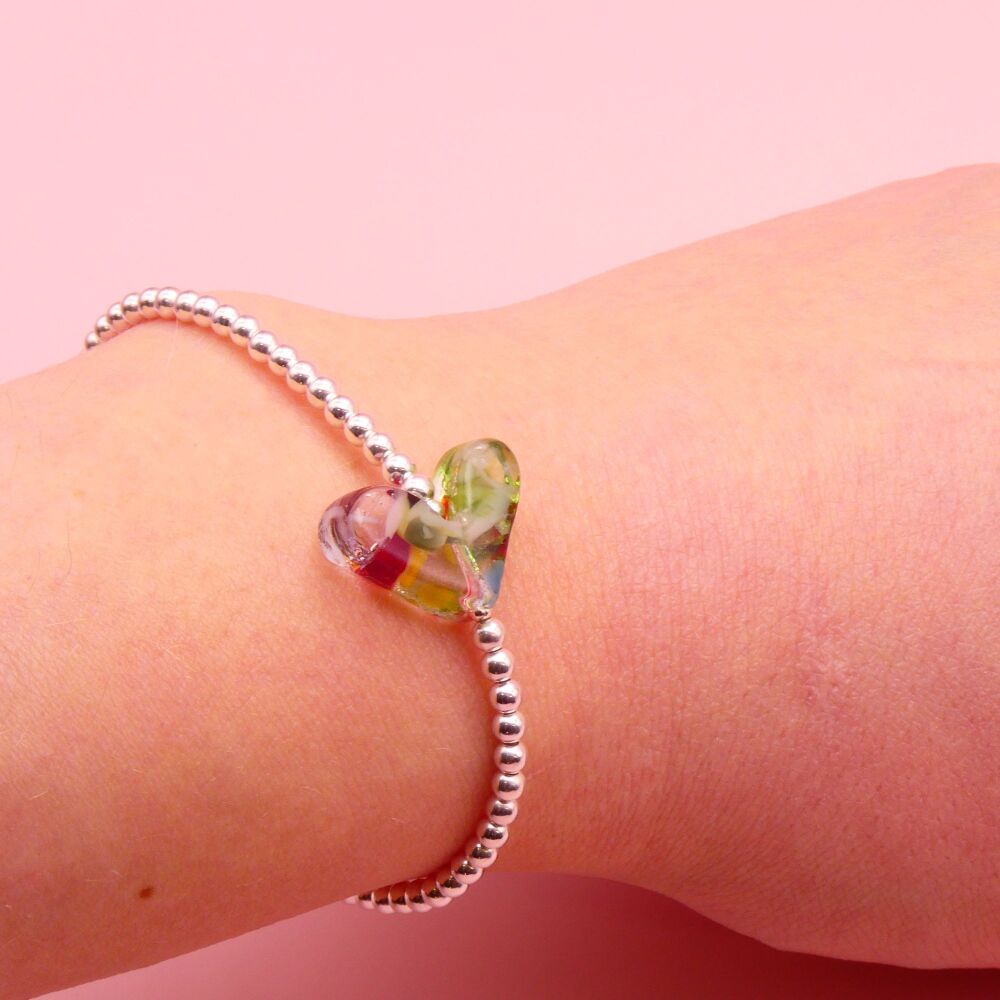 Multicoloured glass and silver bracelet