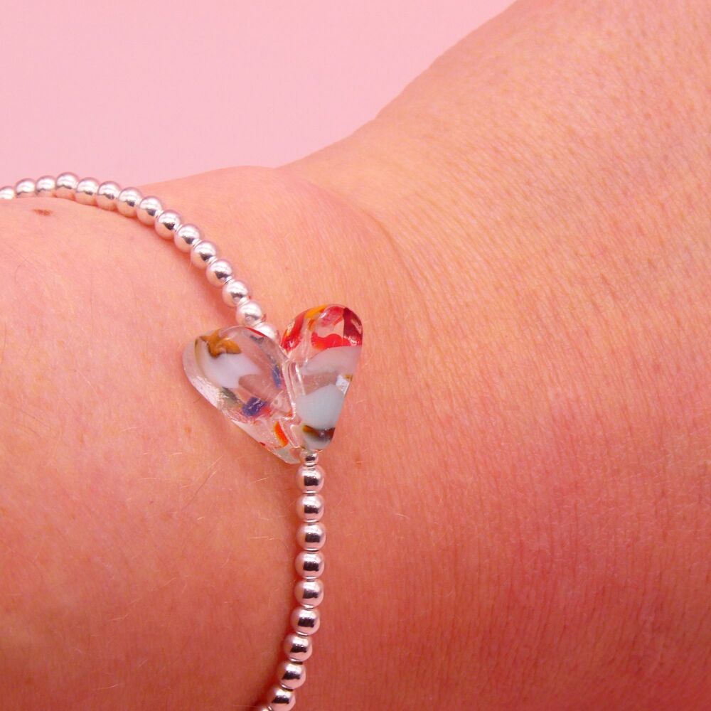 Clear speckled glass and silver bracelet