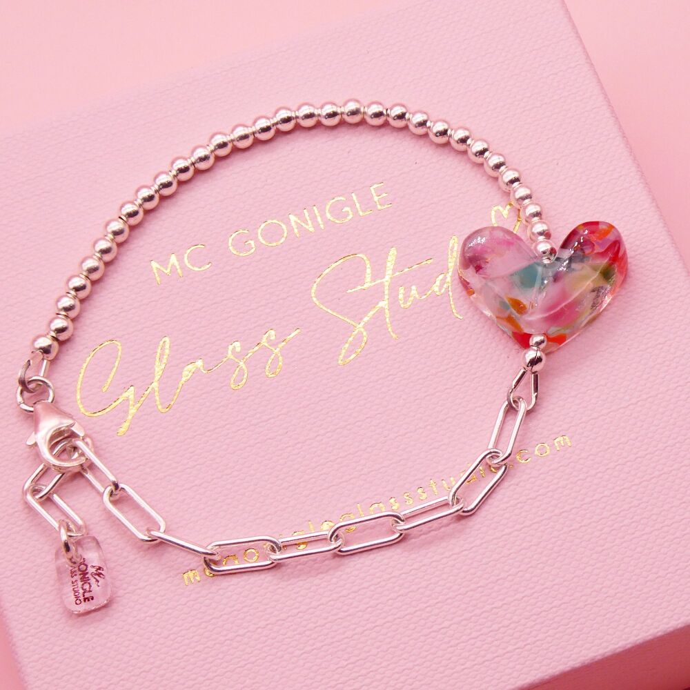 Multicoloured glass heart on a silver Long link bracelet