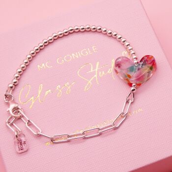 Multicoloured glass heart on a silver Long link bracelet