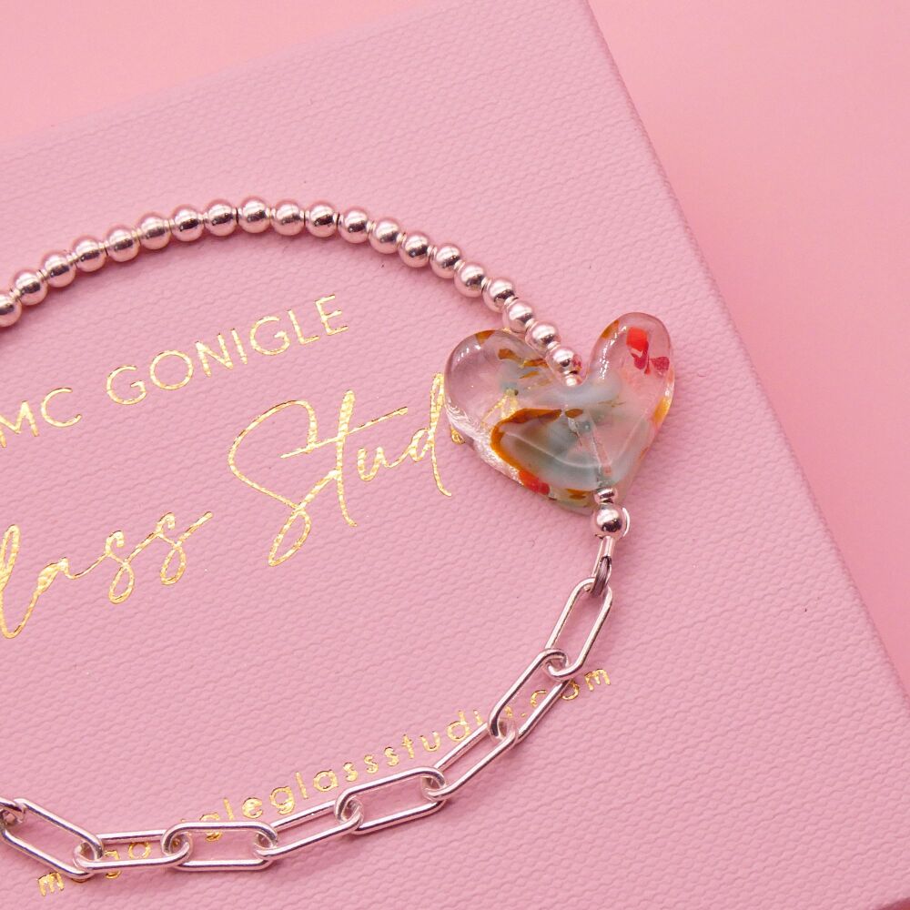Seafoam glass heart on a silver Long link bracelet