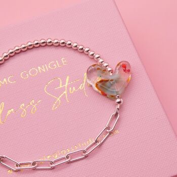 Seafoam glass heart on a silver Long link bracelet
