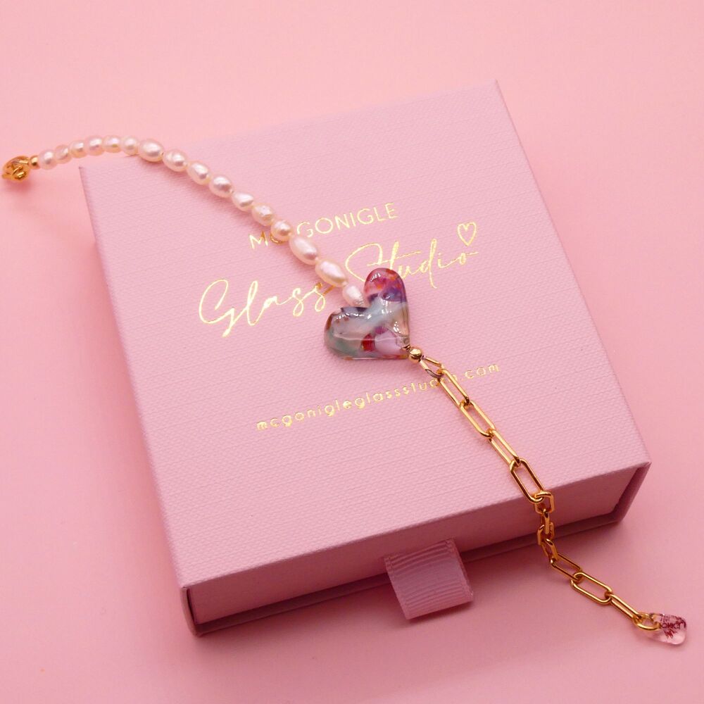 Freshwater Pearls and Gold Long link bracelet- Multicoloured