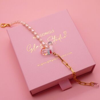 Freshwater Pearls and Gold Long link bracelet- Clear speckled