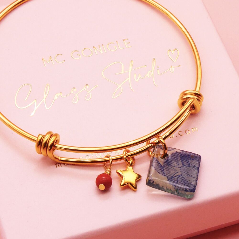 Green Glass Tile  On a 14K Gold Plated Bangle