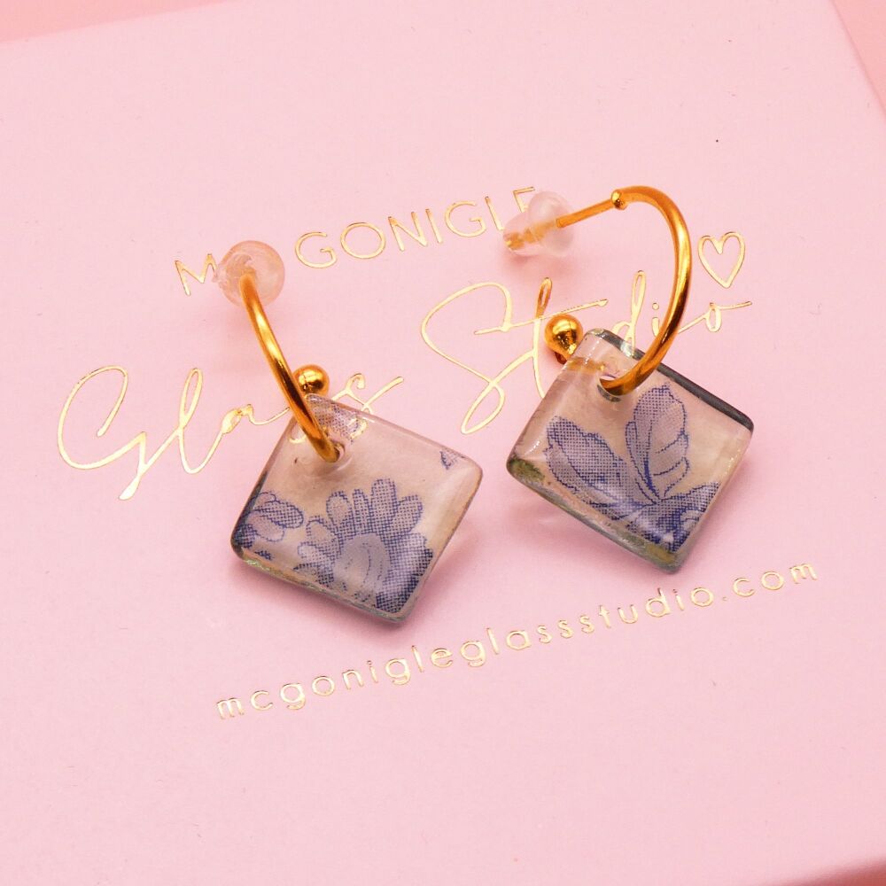 Green tile hoop earrings-Gold/Silver