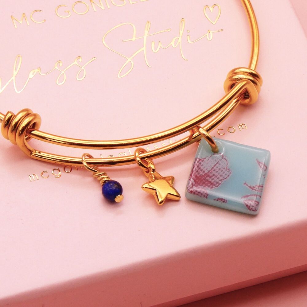 Turquoise Glass Tile  On a 14K Gold Plated Bangle