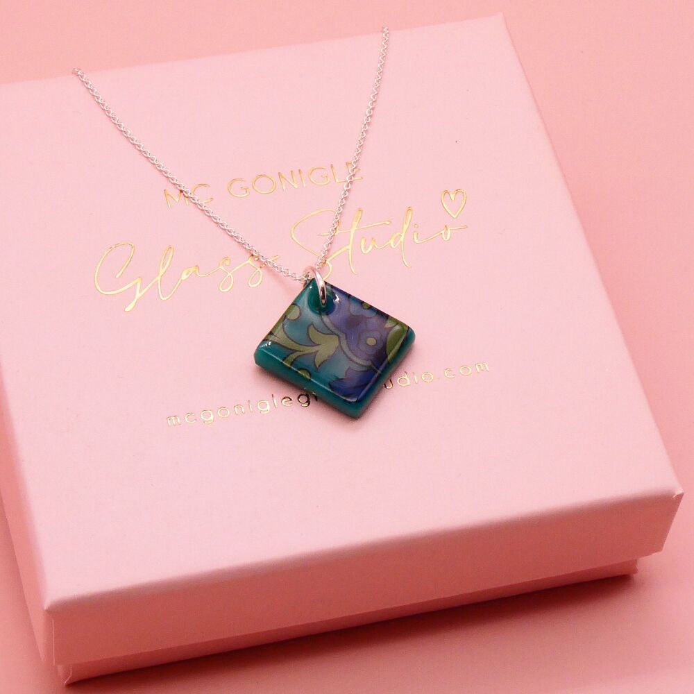 Teal glass tile necklace