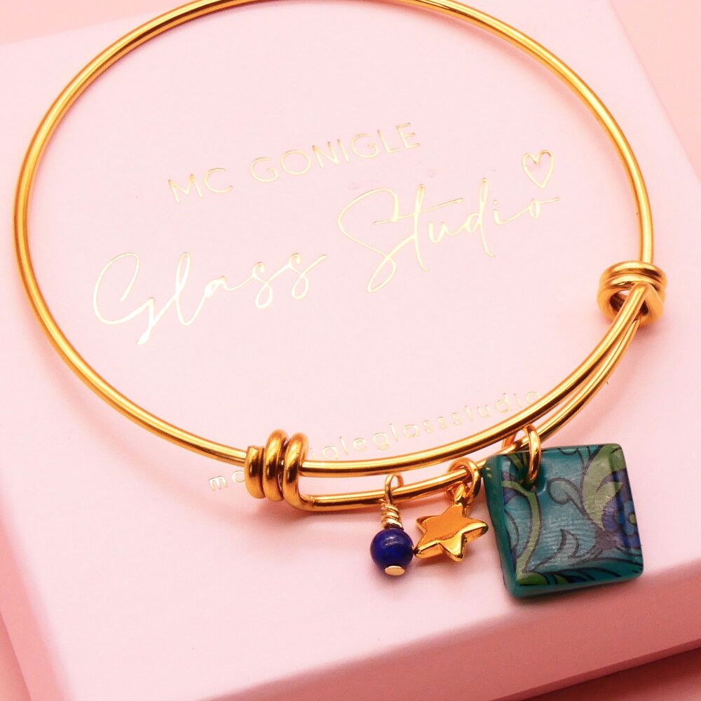 Teal Glass Tile On a 14K Gold Plated Bangle