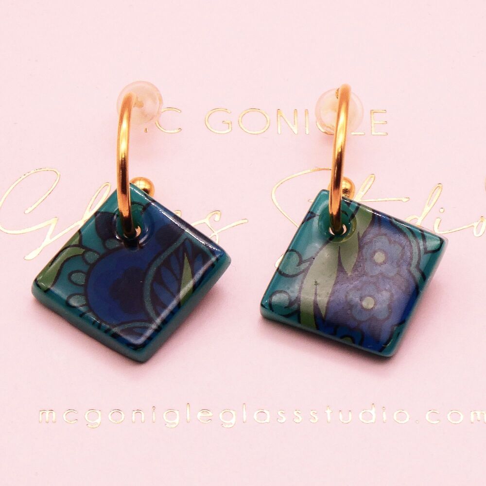 Teal tile hoop earrings-Gold/Silver