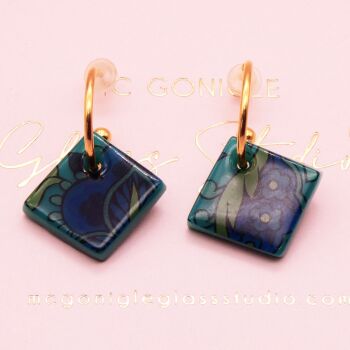 Teal tile hoop earrings-Gold/Silver
