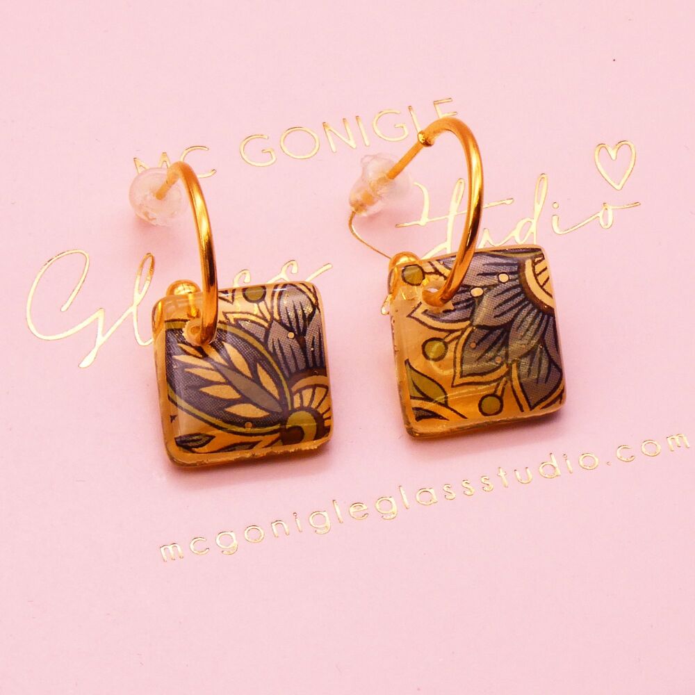 Light Amber tile hoop earrings-Gold/Silver