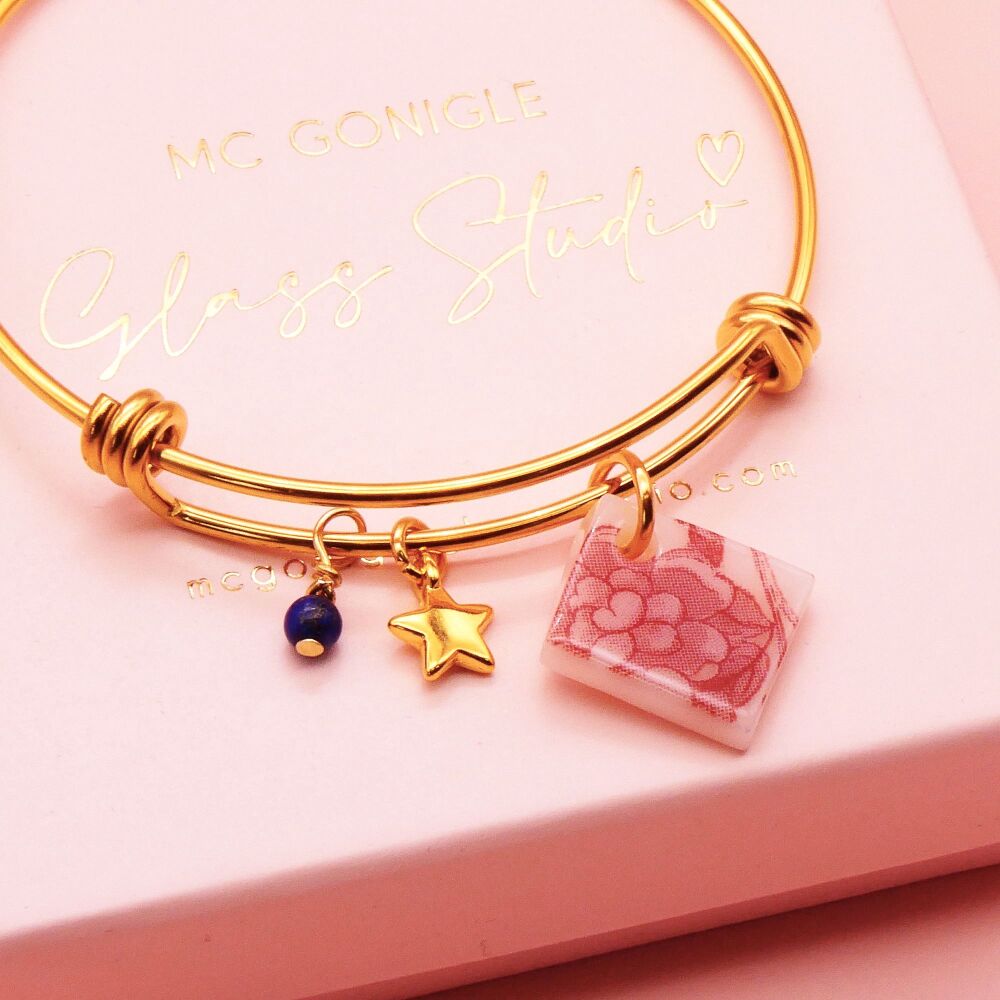 Light Peach Glass Tile On a 14K Gold Plated Bangle