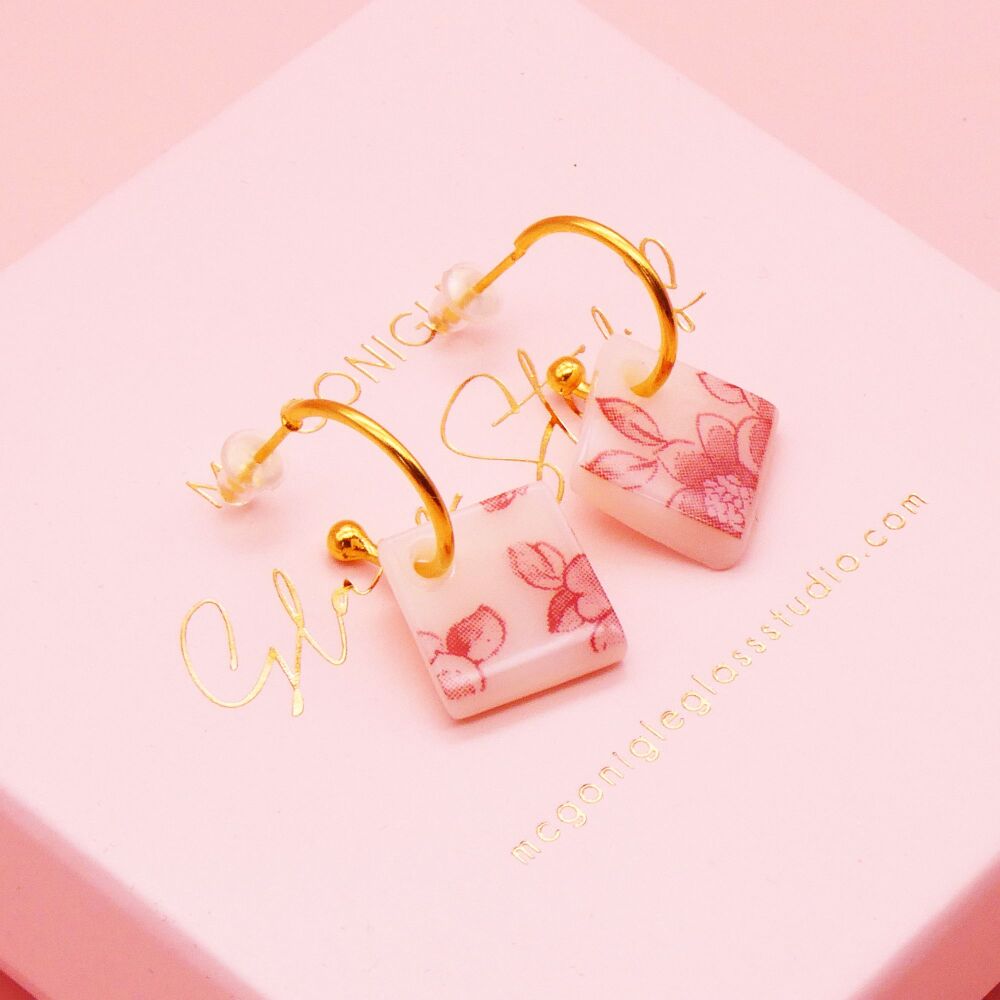 Light Peach tile hoop earrings-Gold/Silver