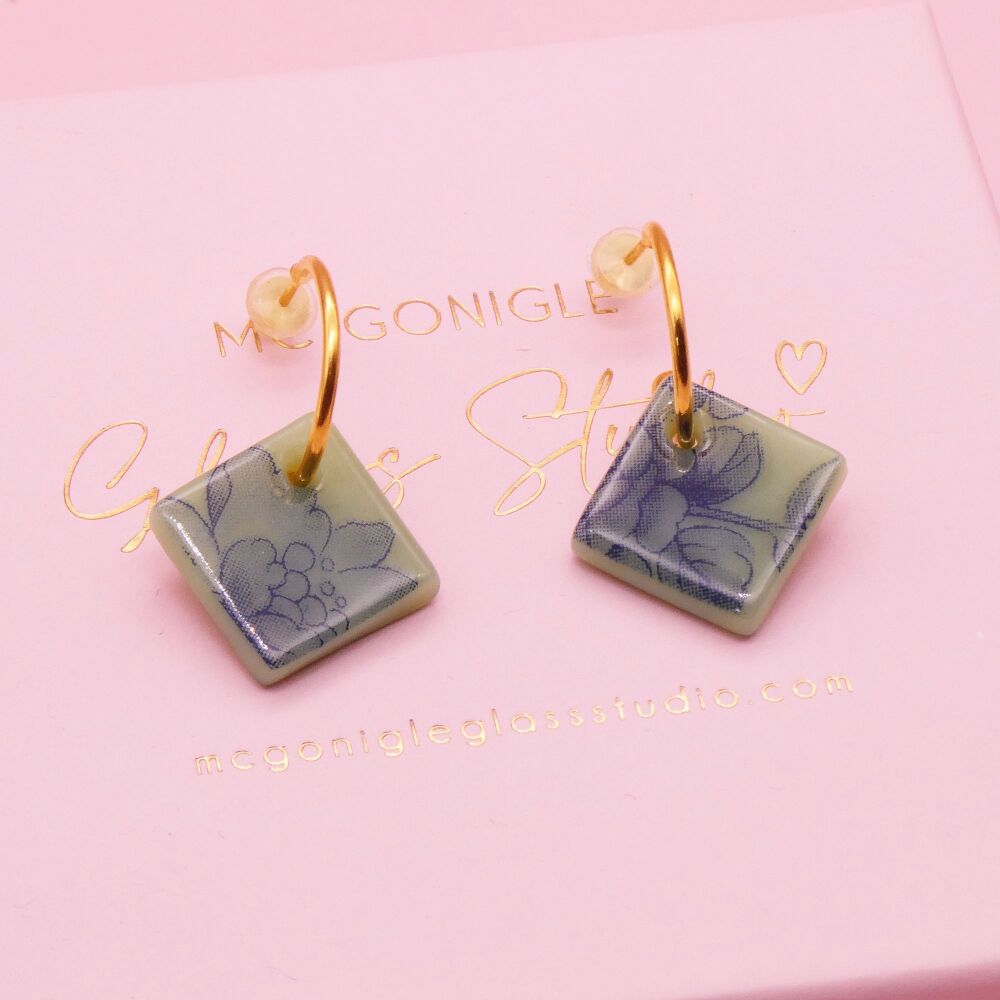 Pistachio Green tile hoop earrings-Gold/Silver