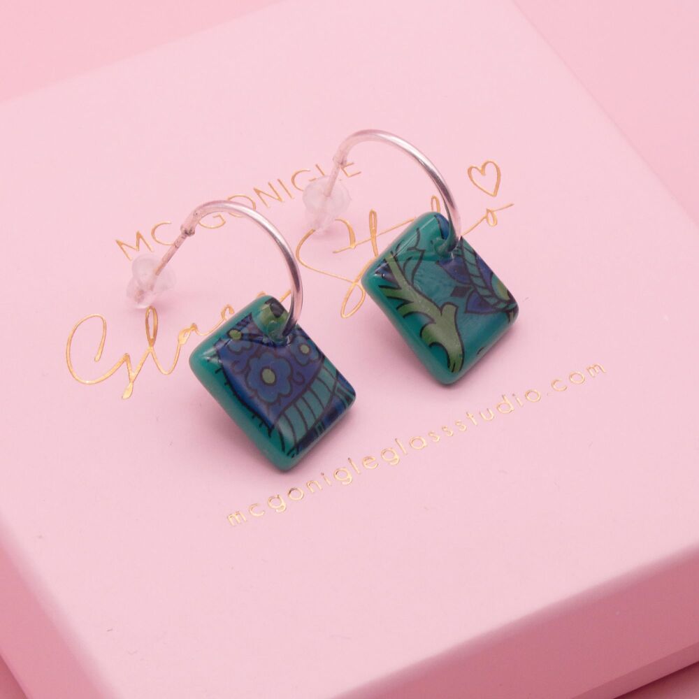 Teal tile hoop earrings-Gold/Silver