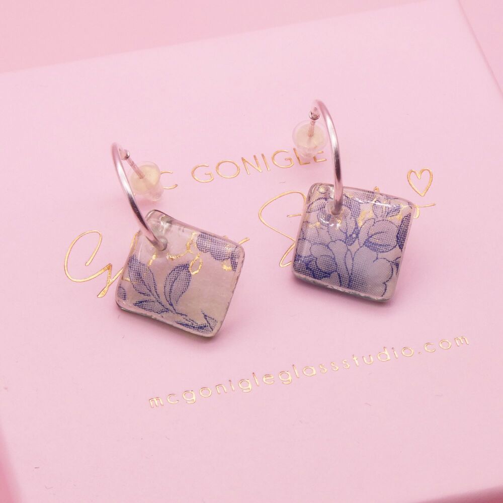 Transparent green tile hoop earrings-Gold/Silver