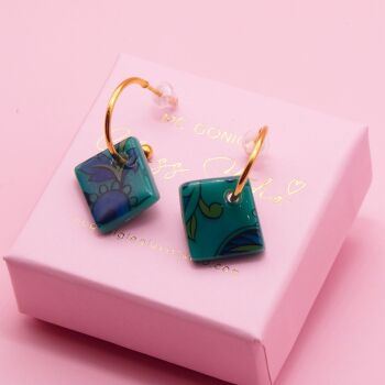 Teal tile hoop earrings-Gold/Silver