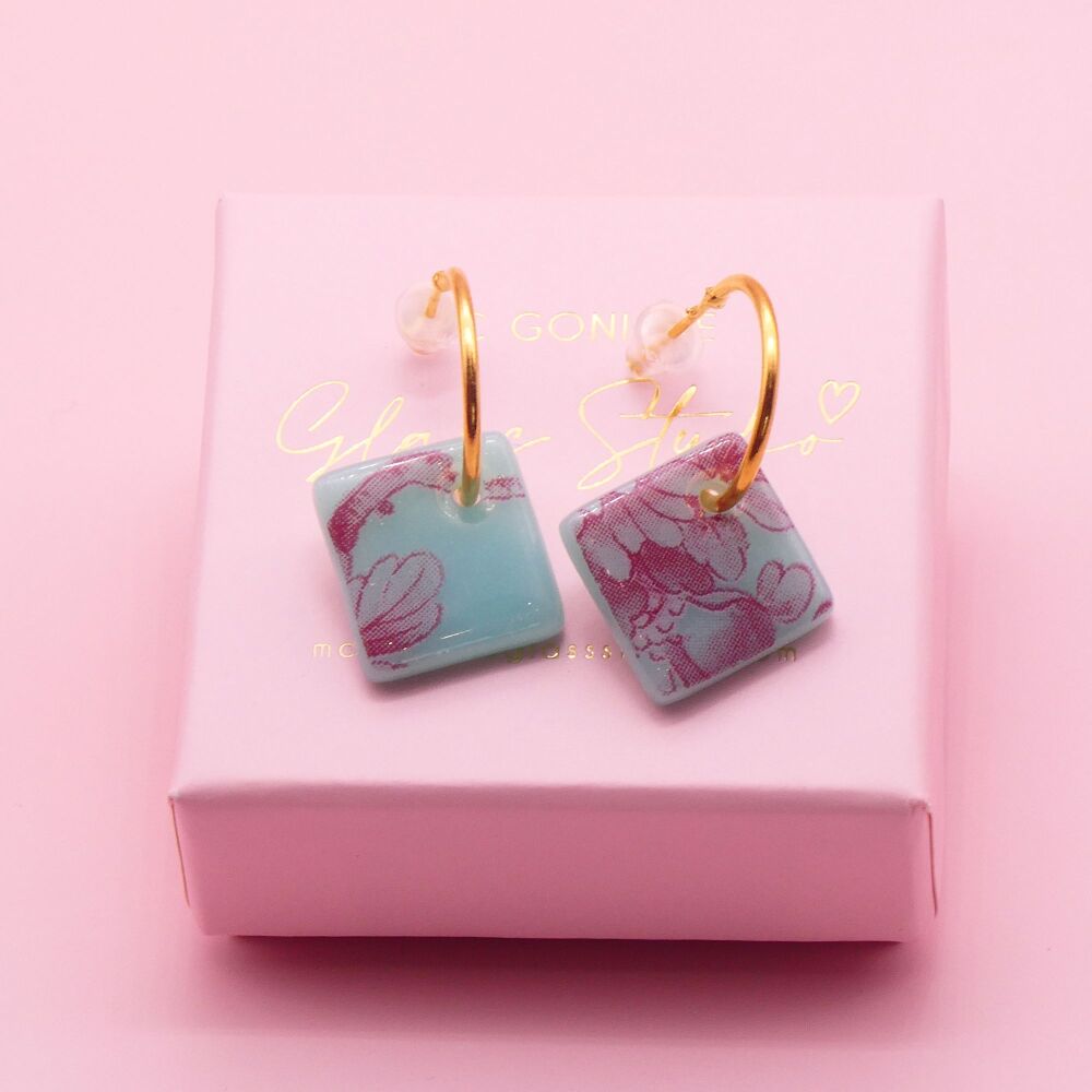 Turquoise tile hoop earrings-Gold/Silver