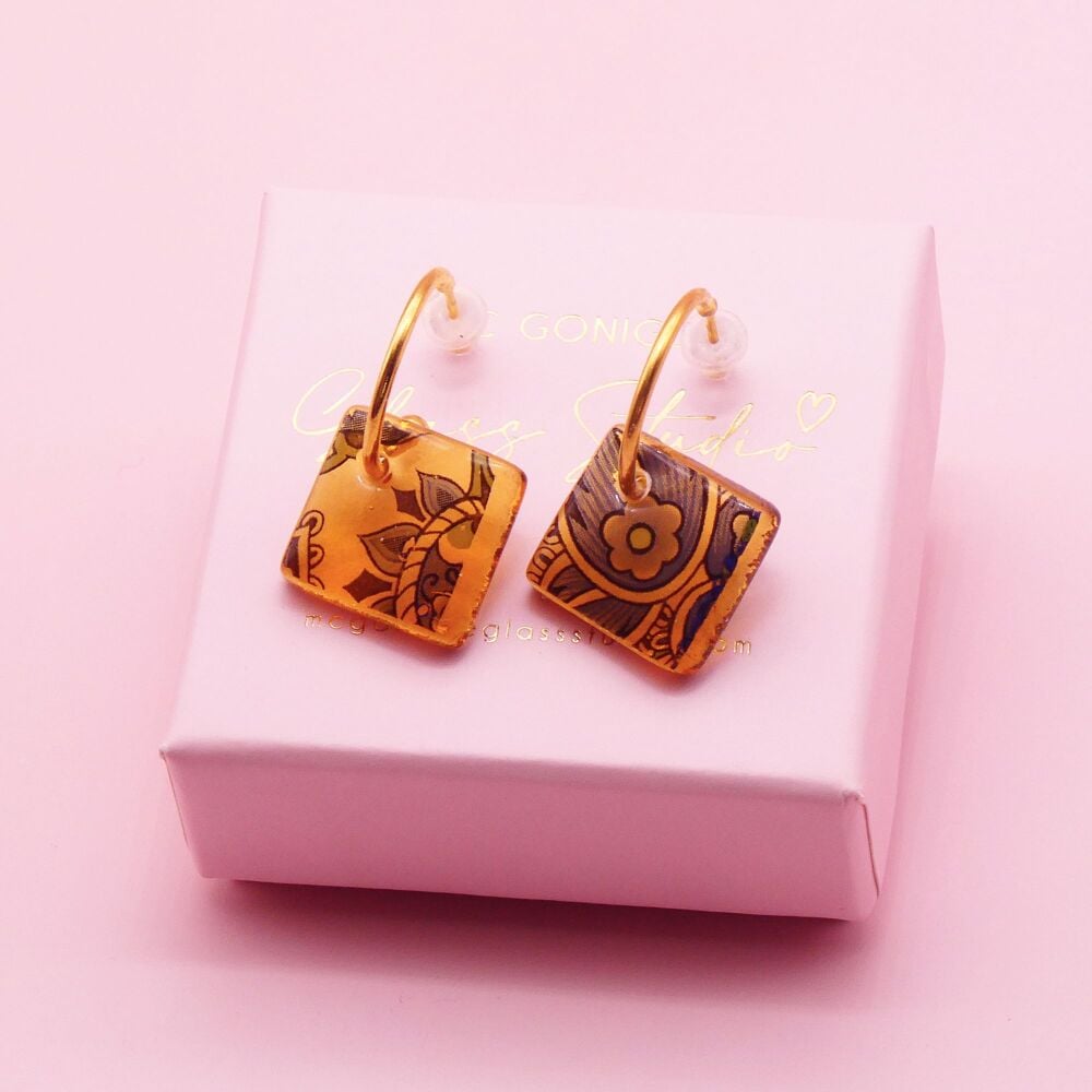 Light Amber tile hoop earrings-Gold/Silver