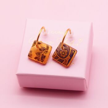 Light Amber tile hoop earrings-Gold/Silver