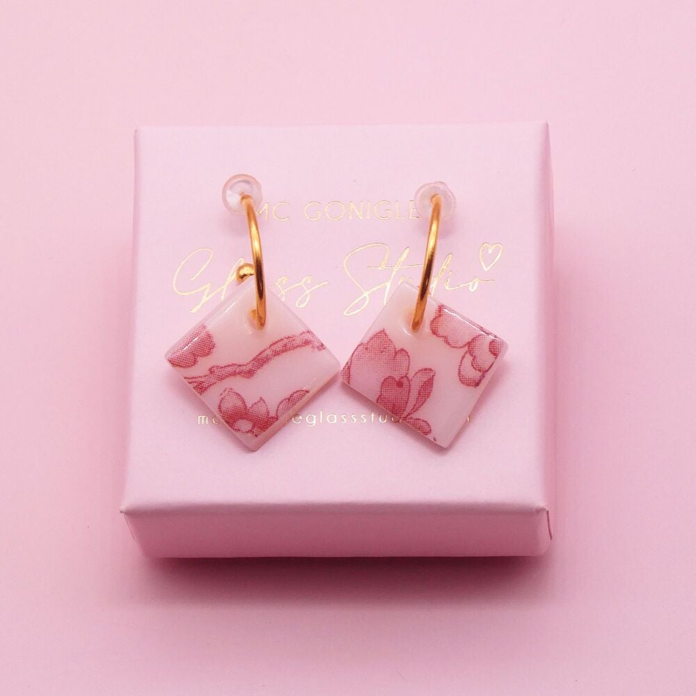 Light Peach tile hoop earrings #2 -Gold/Silver