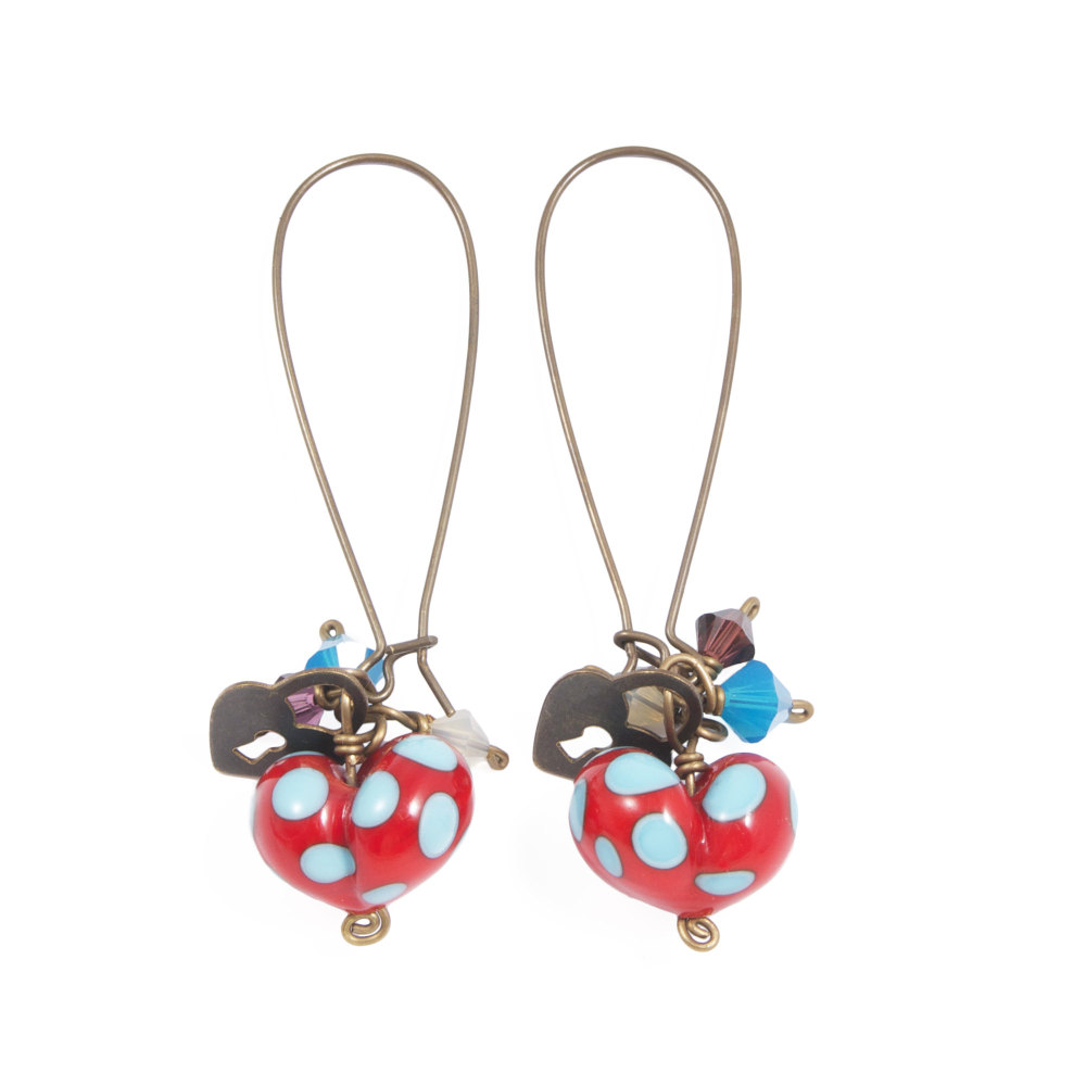 Red and Turquoise Heart Drop Earrings