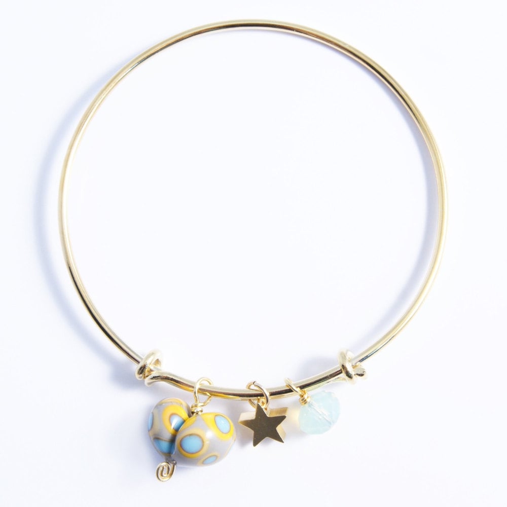 Grey and Yellow Heart On a 14K Gold Plated Bangle