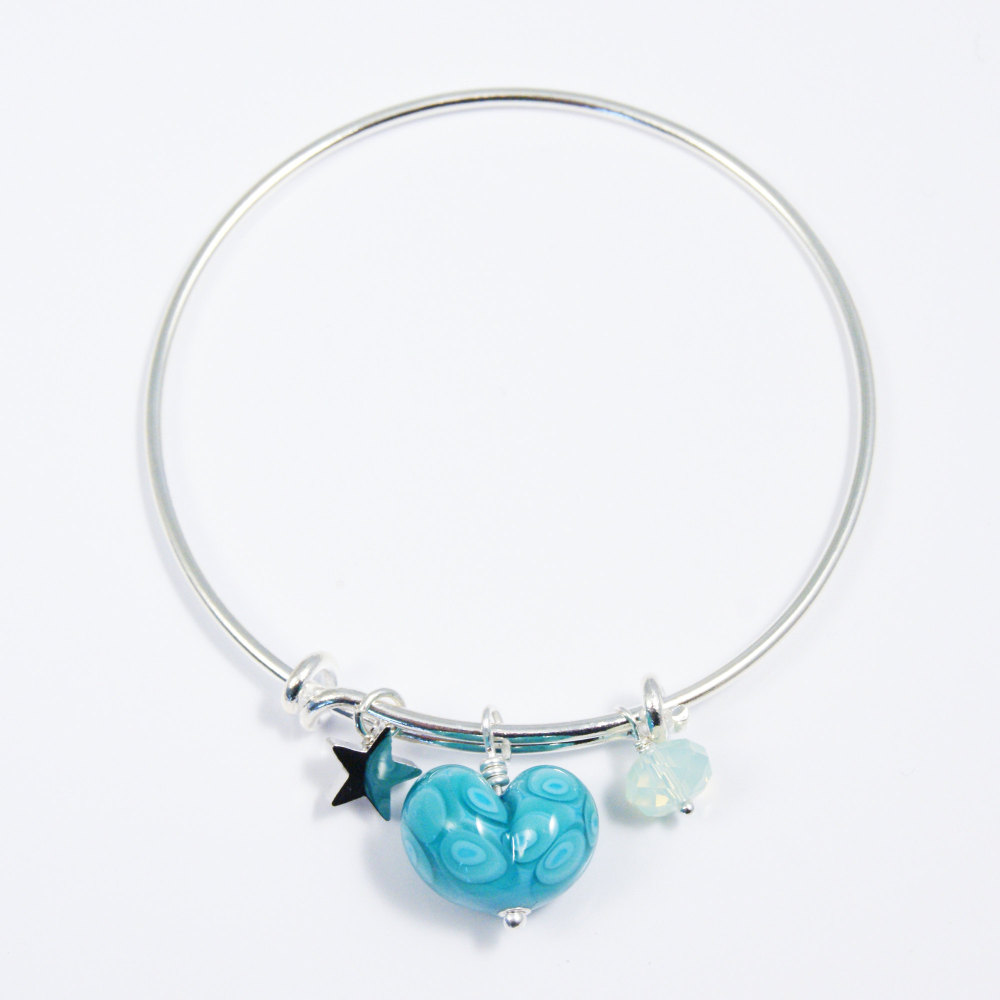 Yellow and Turquoise Heart Silver Bangle