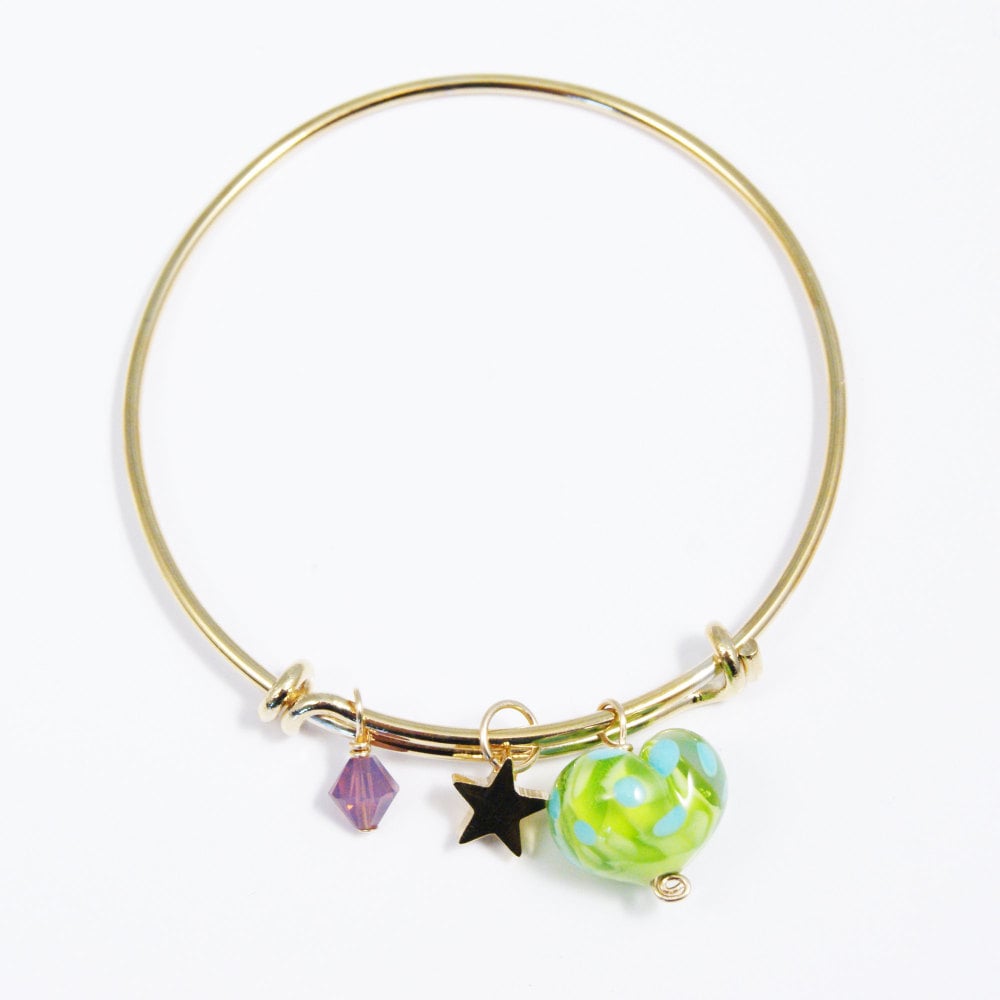 Green and Turquoise Heart On a 14K Gold Plated Bangle