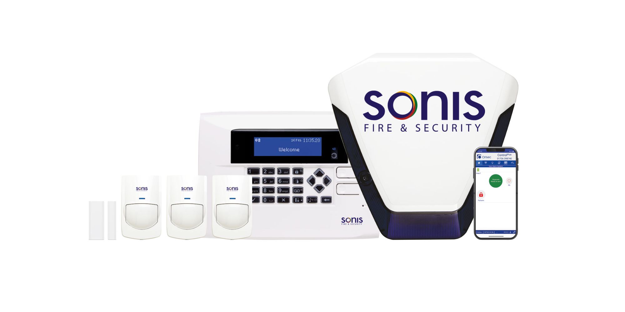 Sonis Fire & Security branded burglar alarm,  external bellbox, keys,  monitoring system, smoke alarm, fire alarm