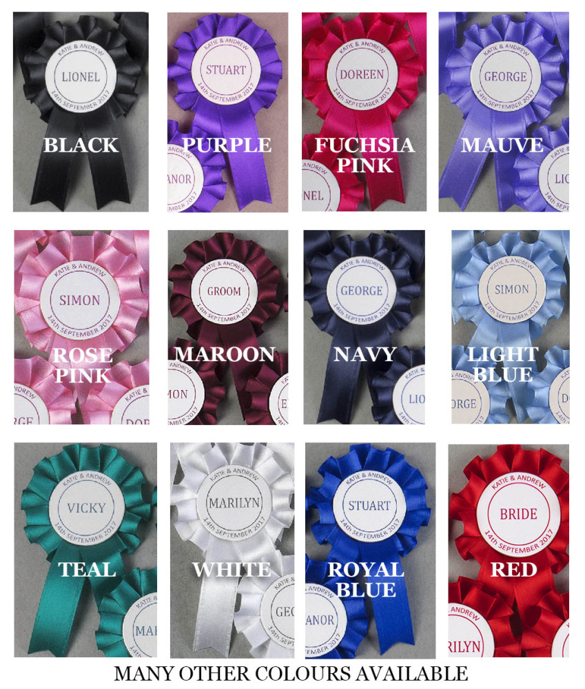 5,10 or 255, 10 or 25 Mini Wedding/Function/Party. Name Rosettes. Personali