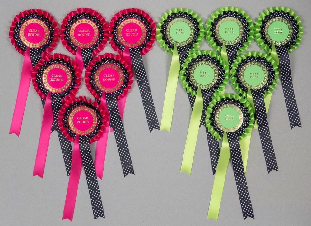 Large 2-Tier Rosettes x 6 Hot Pink/Black Spotted, Special, Clear Round or W