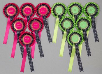 2-Tier Rosettes x 6 Hot Pink/Lime Green/Aqua, Black Spotted, Special/Well Done/Clear Round or Well Done