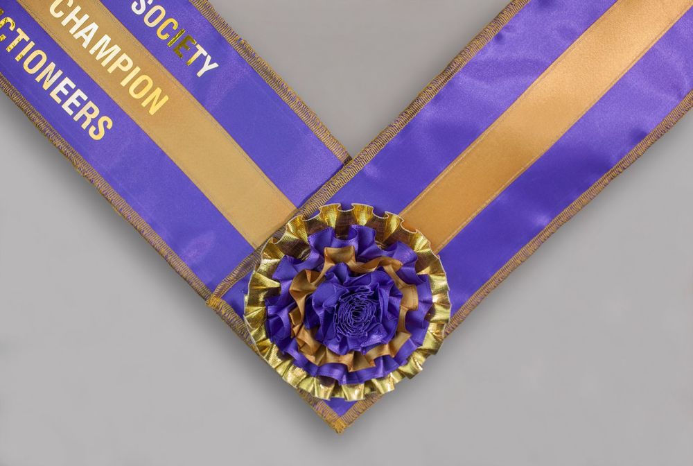 3-ribbon Sash, lined, overlocked edge with centre rosette feature