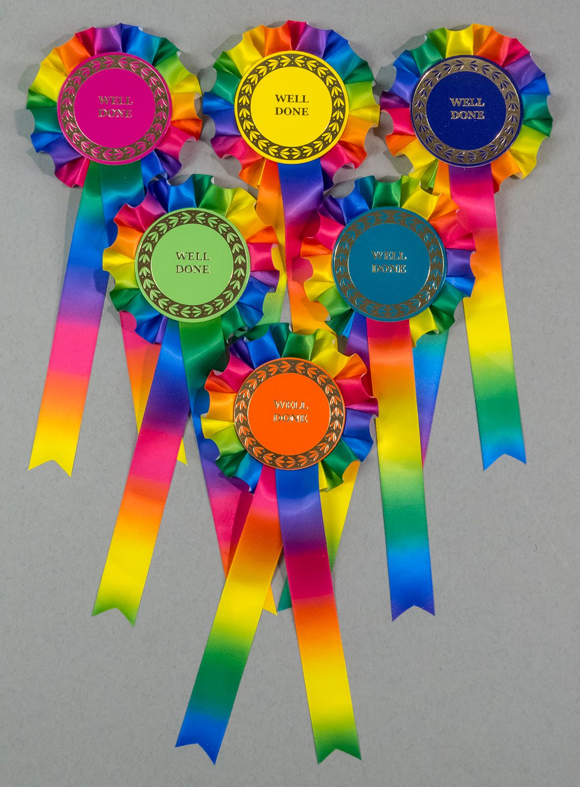 Rainbow Large 1-Tier Rosettes, Set of 6 Special, Well Done or Clear Round