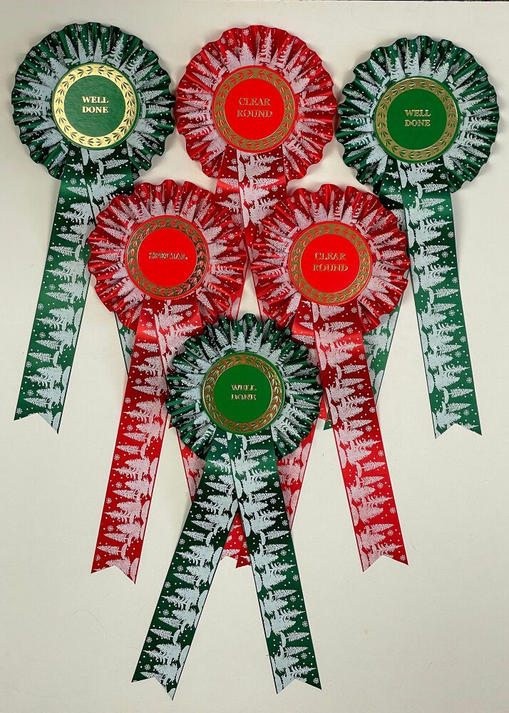 Snowy Christmas Trees, Red + Green Rosettes, Set x 6 Special, Well Done or CR