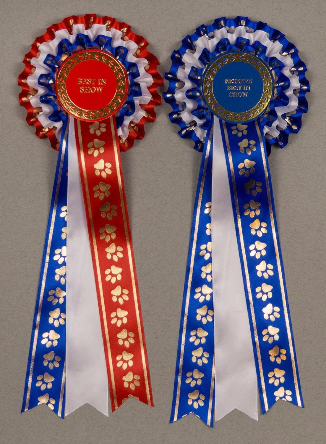 Set of Champion/Reserve or BIS/RBIS 3-Tier Paw Print Rosettes