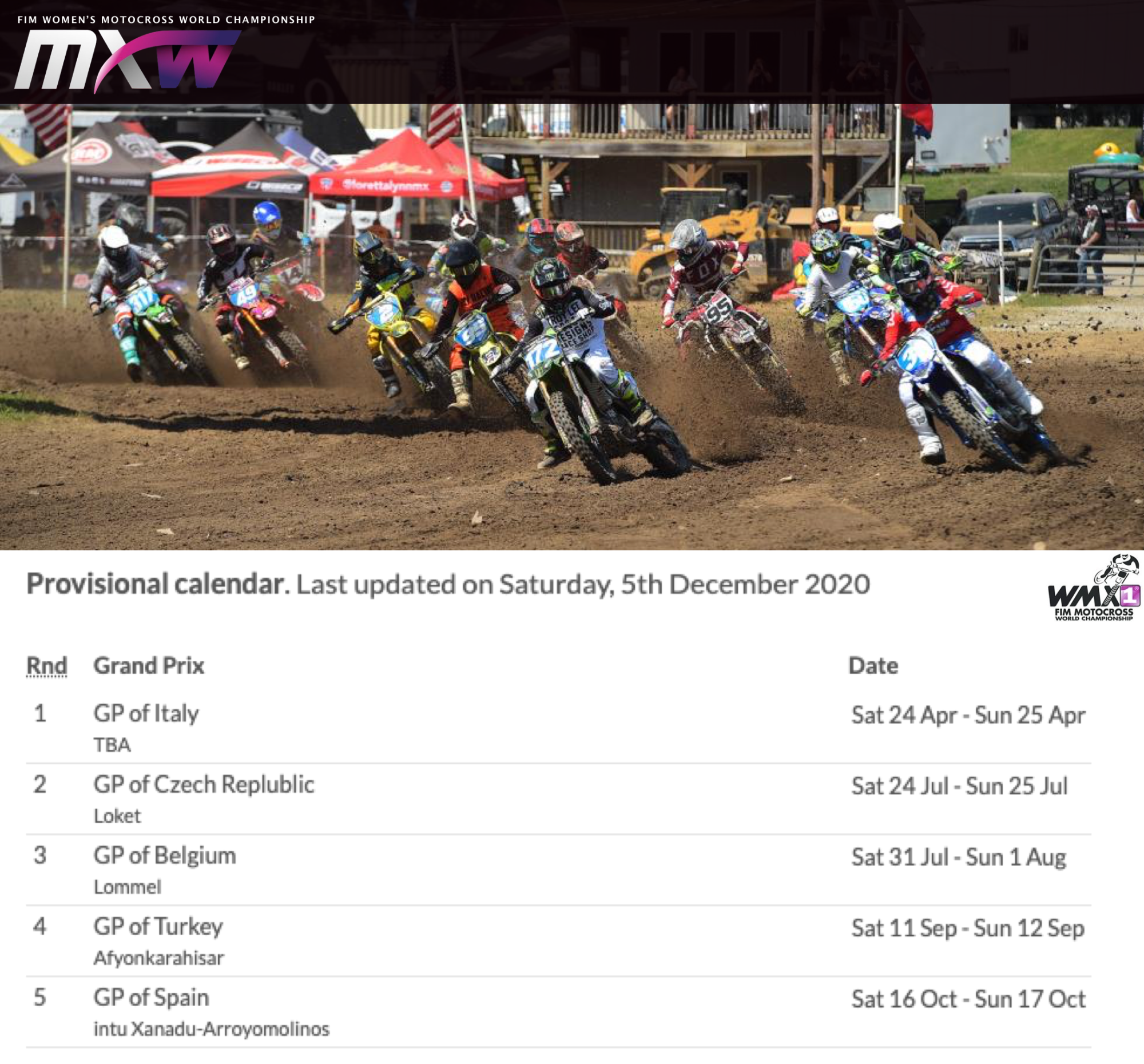 Womens motocross world championship, WMX Calendar