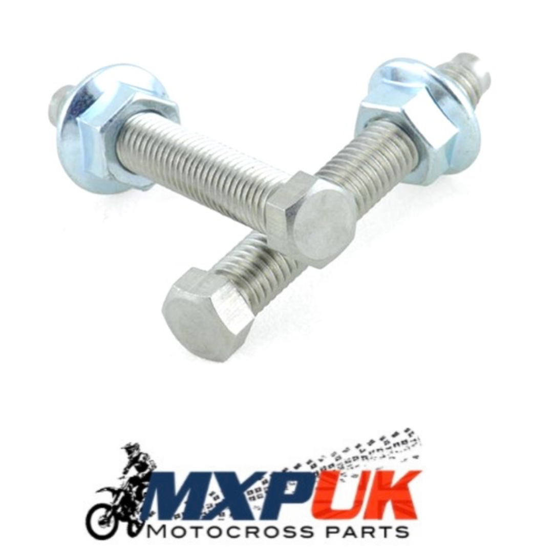 Two M8x50mm motorcycle chain adjuster bolts and flange nuts (A156)