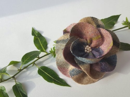 Teal / Grey Mix British Tweed Wool Corsage - Handcrafted Fabric Brooch