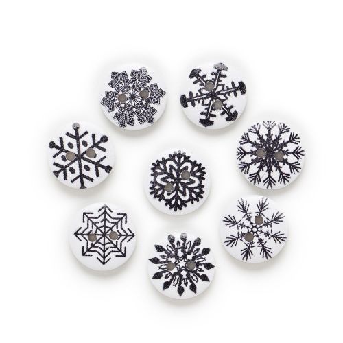 15mm Round Wooden Black & White Snowflake Buttons