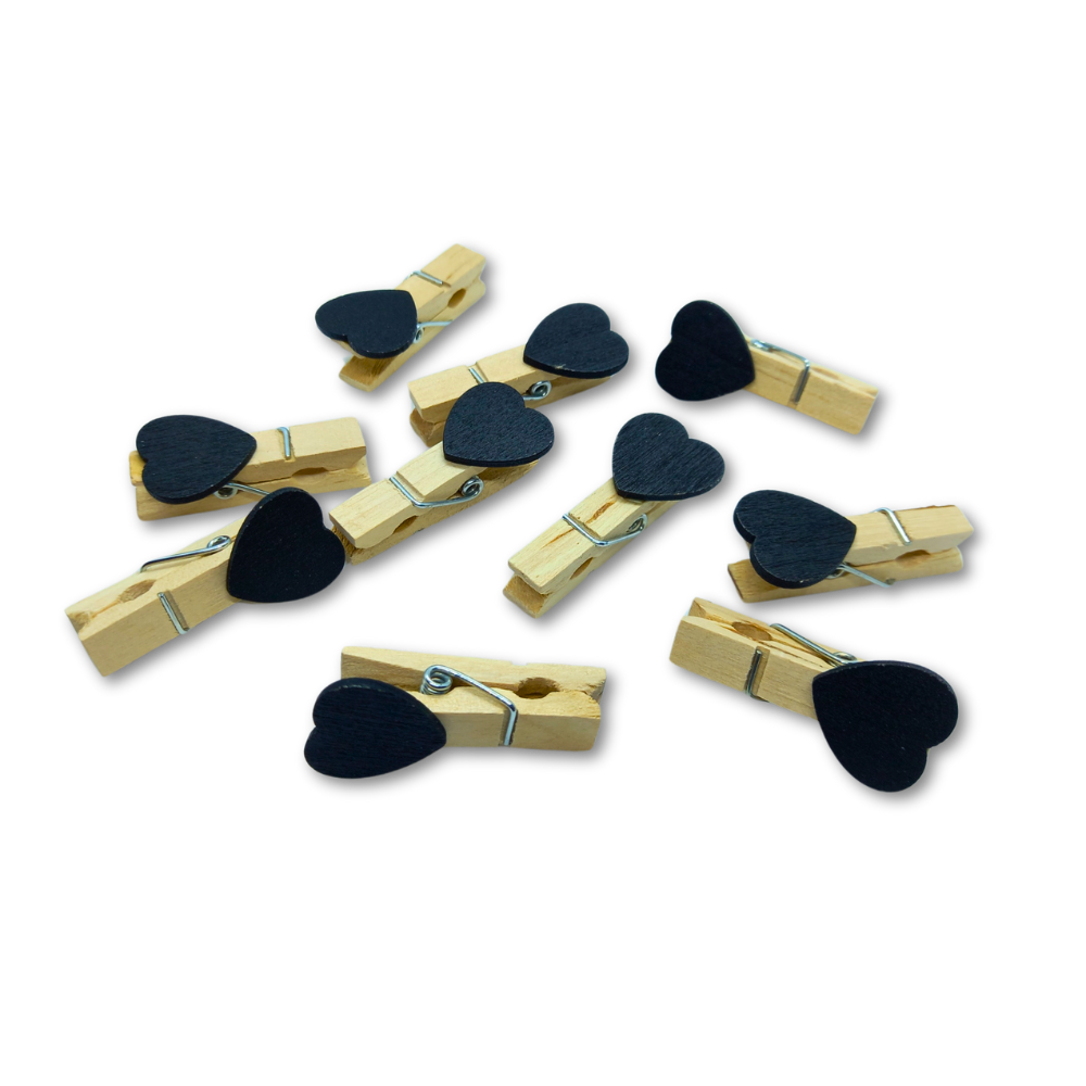 Mini Wooden Pegs with Black Hearts