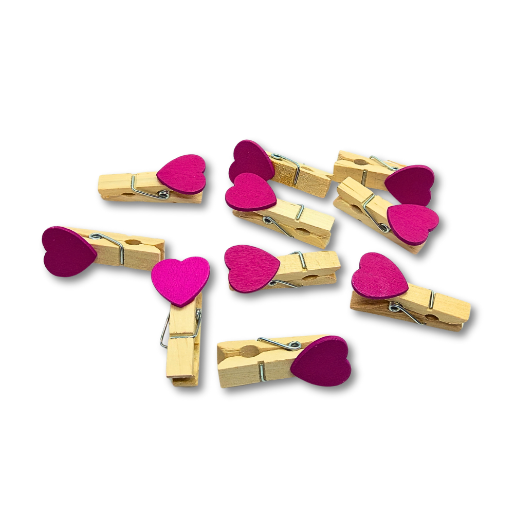 Mini Wooden Pegs with Hot Pink Hearts