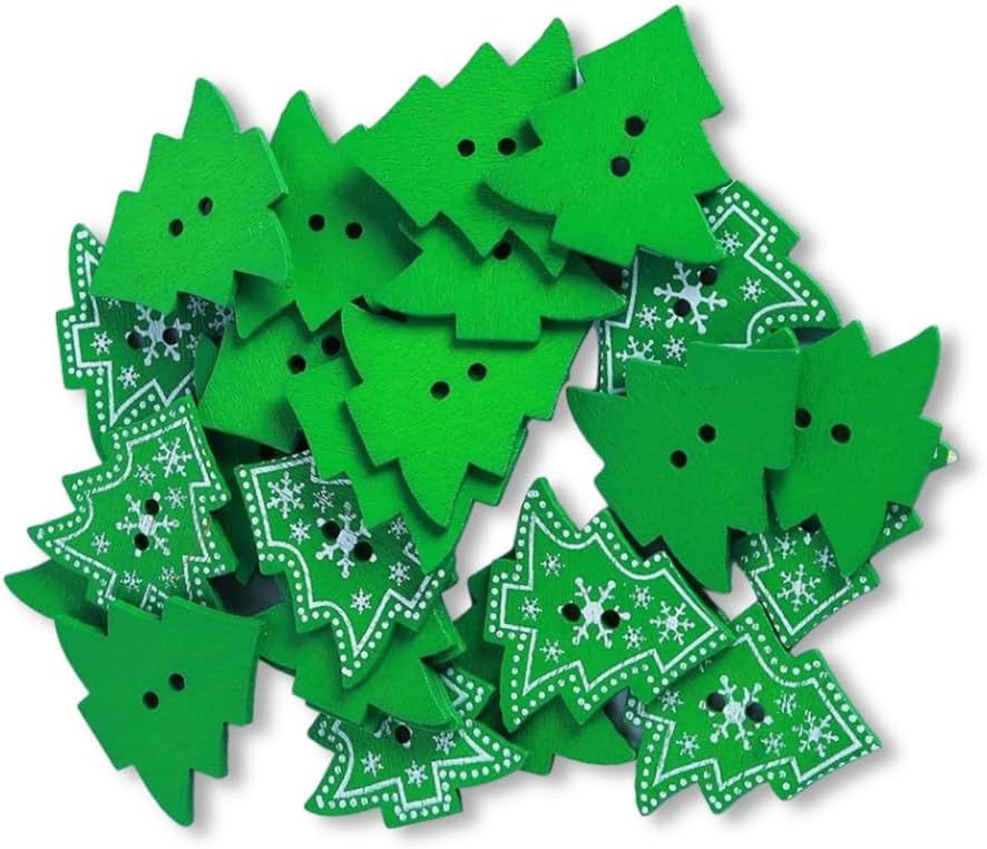 Green and White Wooden Christmas Tree Buttons (10)
