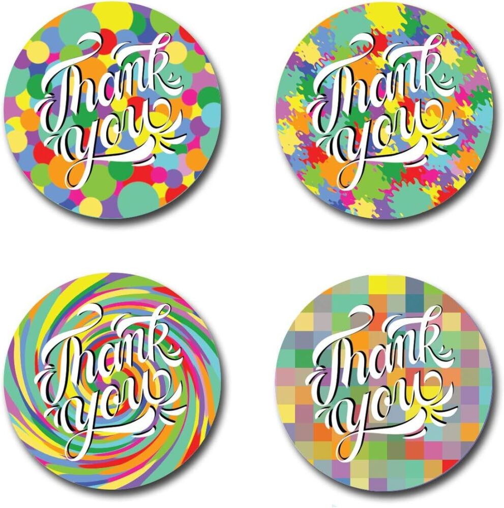 40mm "Thank You" Round Stickers - 4 Colourful Designs (24 Pack)