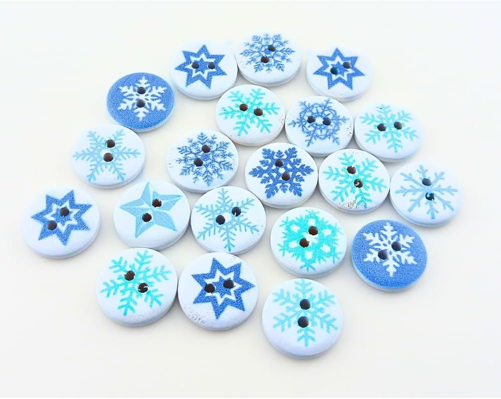 15mm Blue & White Round Christmas Snowflake Buttons (Pack of 15)