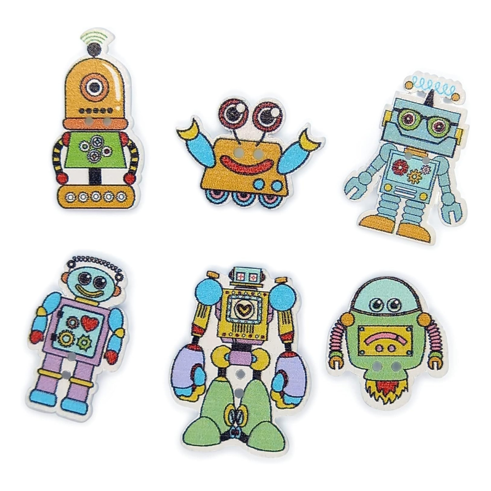 Robot Design Wooden Buttons (Pack of 12)