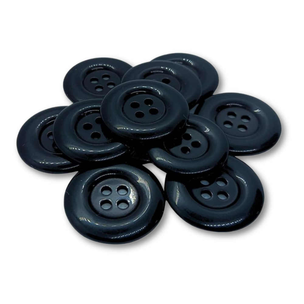 25mm Black Buttons - 4 Hole Thick Rim Buttons (Pack of 6)