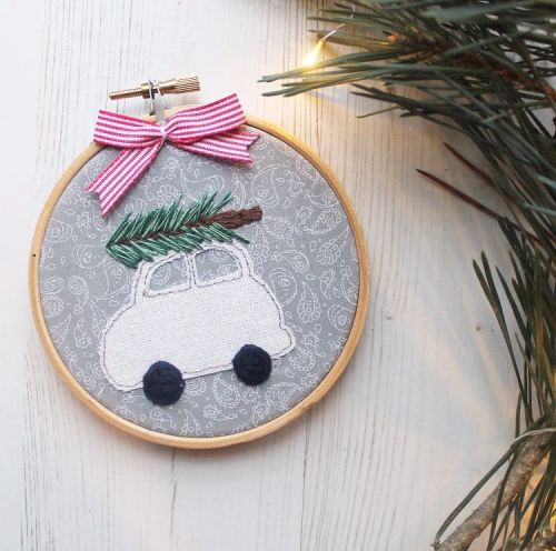 Whimsical White Christmas Car with Embroidered Christmas Tree